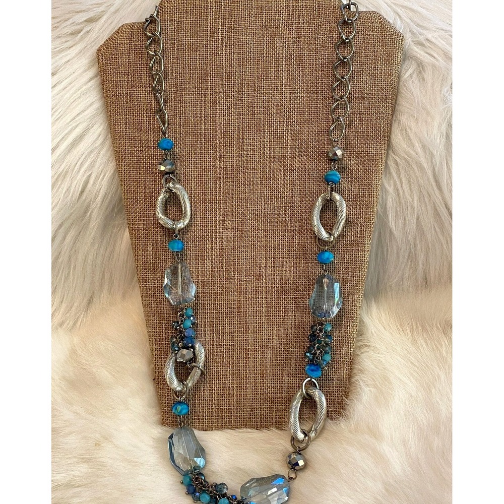 Western Blue‎ Glass Necklace Gypsy Fairy Chunky Boho Statement Silver Tone 6185